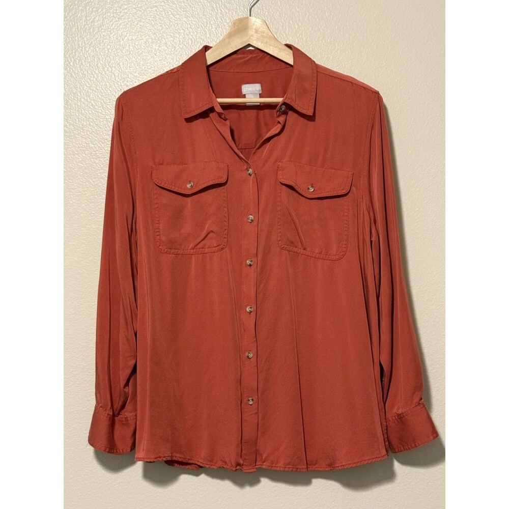 Chico's Modal Button Down Shirt Burnt Orange Size 3 16/18 Long Sleeve Career